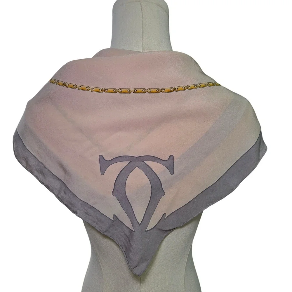 Must de Cartier Paris Silk Scarf Pink Grey Gold Chain Link Logo Square 31x31